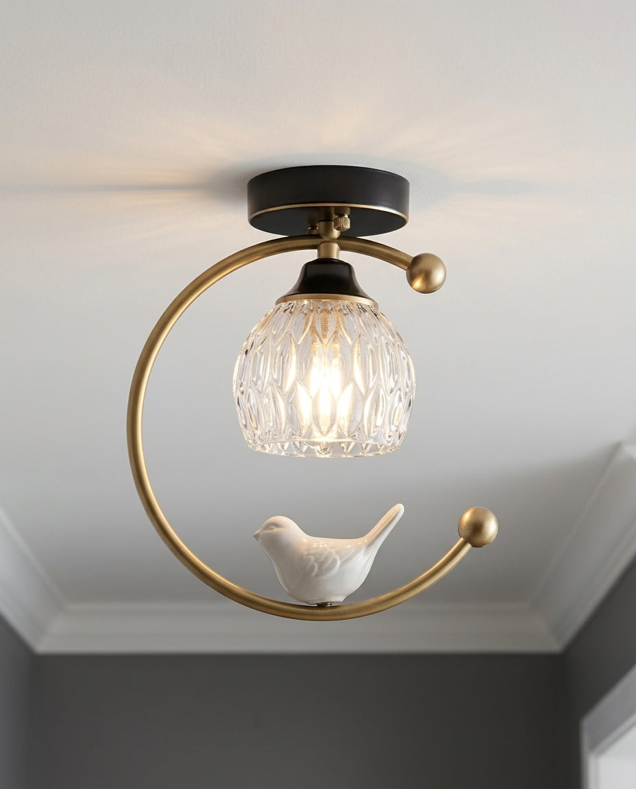 Ceramic and Brass Ceiling Lamp mounted on a hallway ceiling, clean white surface, soft even light