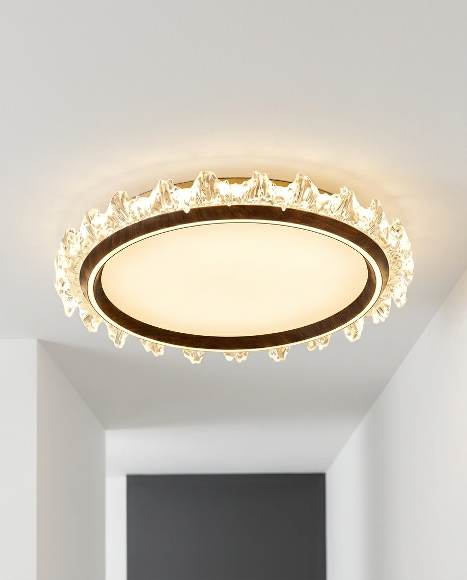 Round Wood and Acrylic Ceiling Light mounted on a hallway ceiling, clean white surface, soft even light