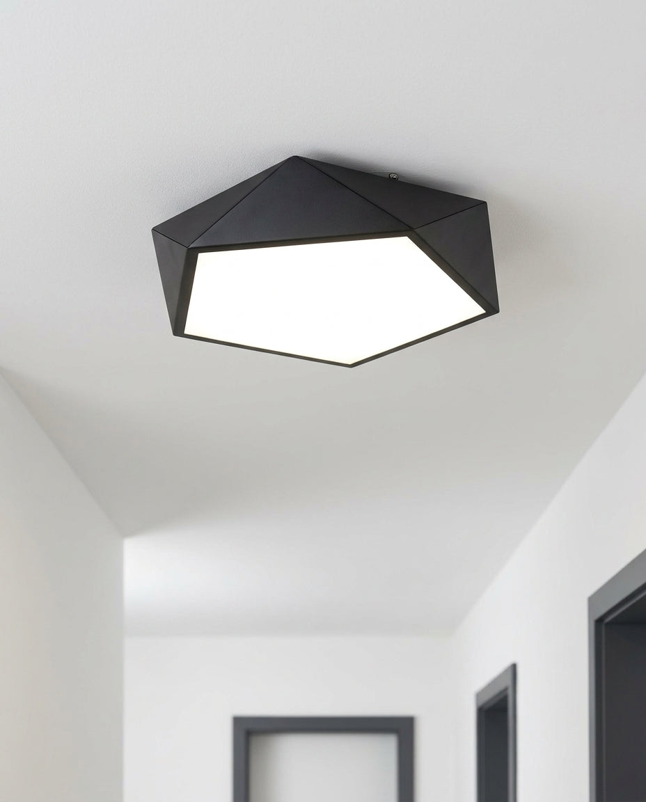 Polygonal Metal Ceiling Light mounted on a hallway ceiling, clean white surface, soft even light