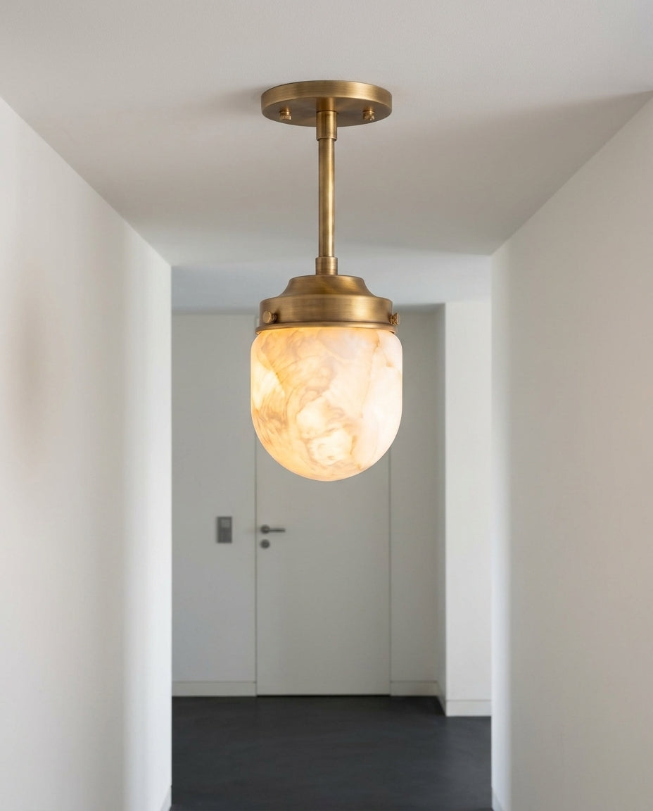 Alabaster Semi-Flush Ceiling Light mounted on a hallway ceiling, clean white surface, soft even light