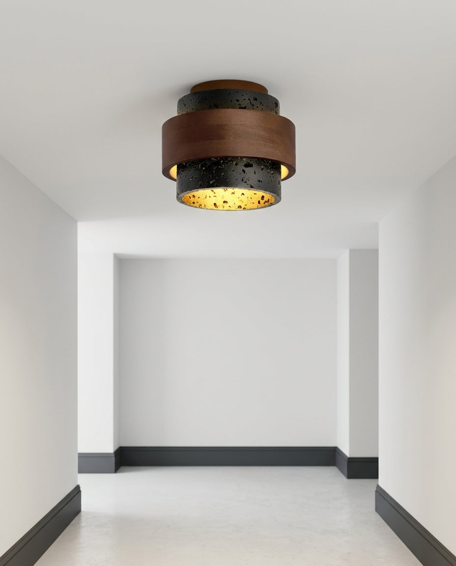 Travertine Ceiling Light mounted on a hallway ceiling, clean white surface, soft even light