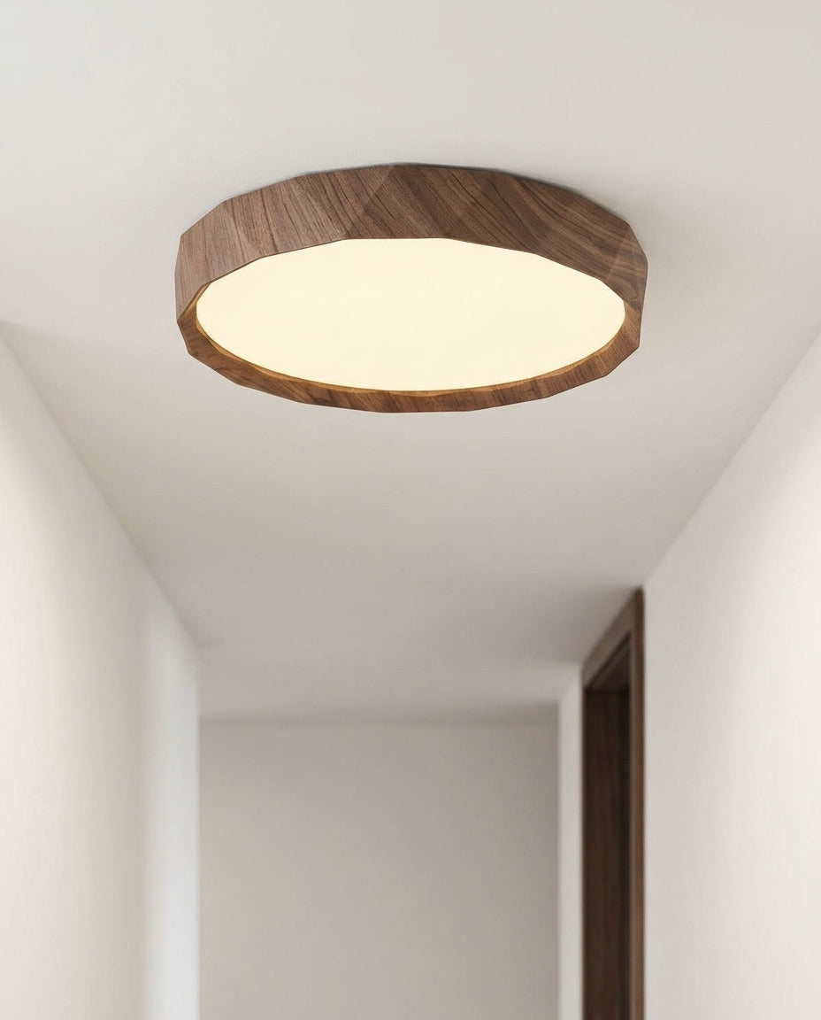 Wood-Grain Ceiling Light mounted on a hallway ceiling, clean white surface, soft even light
