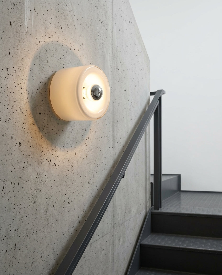 Round Glass Wall Sconce mounted on the wall of a modern staircase, the light grazing the wall texture
