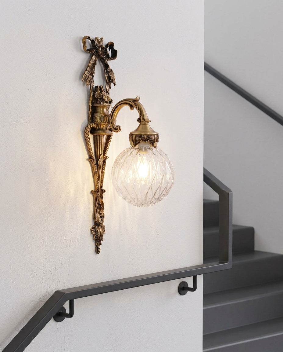Antiqued Brass and Glass Wall Sconce – stair