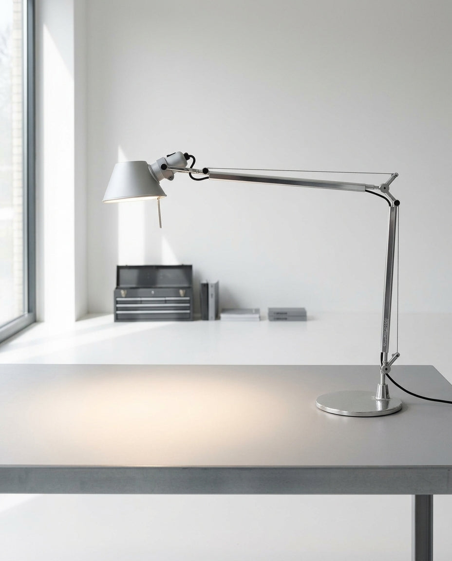 Articulated Aluminum Desk Lamp on a wide work table in a bright modern studio, natural light from the left