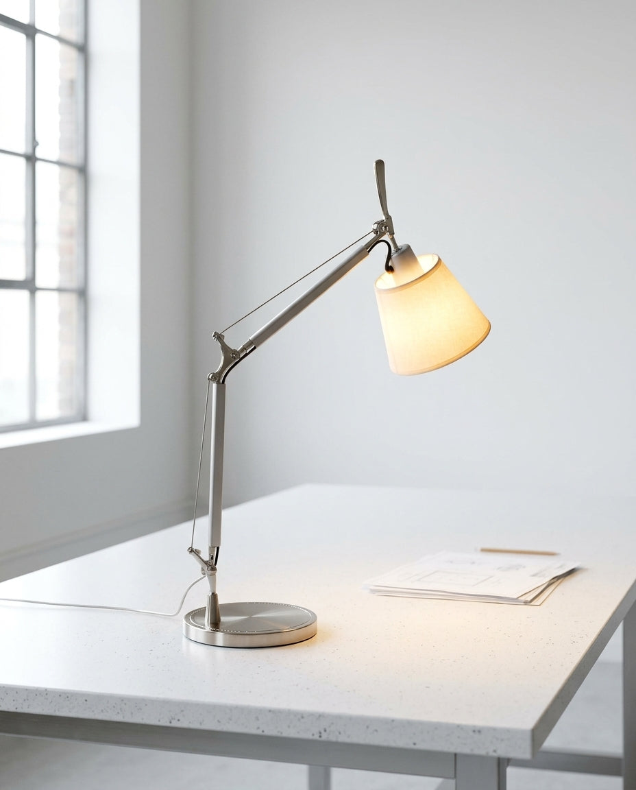 Cantilever Parchment Task Lamp on a wide work table in a bright modern studio, natural light from the left