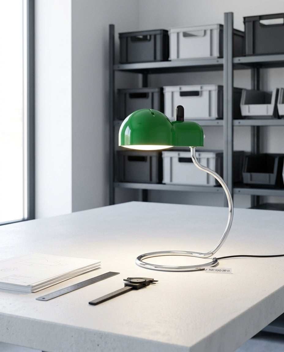 Industrial Dome Desk Lamp on a wide work table in a bright modern studio, natural light from the left