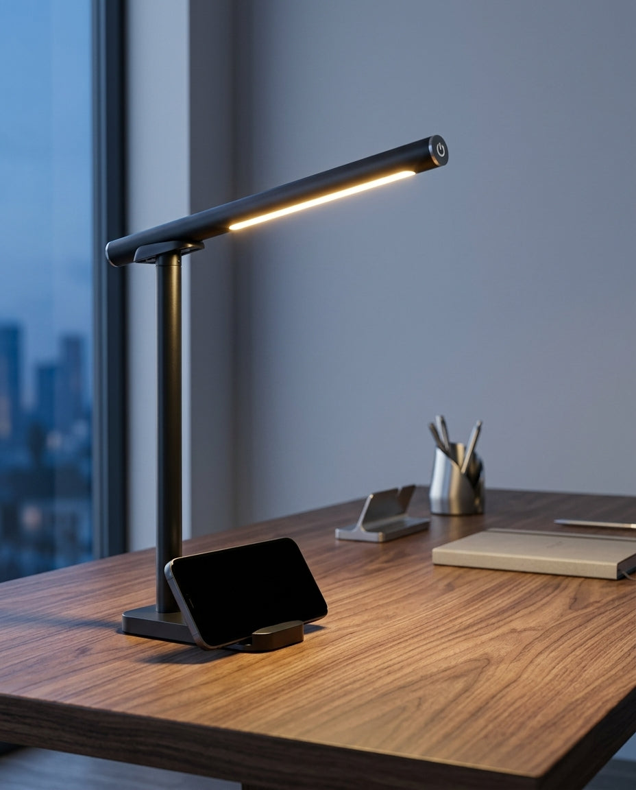 Folding Desk Lamp with Touch Dimming and USB Port on a wide work table in a bright modern studio, natural light from the left