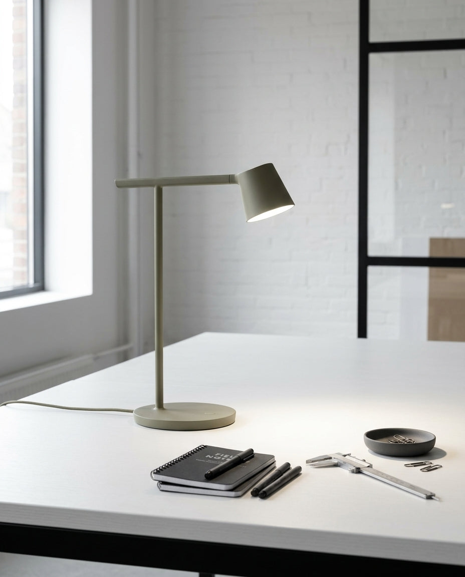 Adjustable Opal Diffuser Desk Lamp on a wide work table in a bright modern studio, natural light from the left