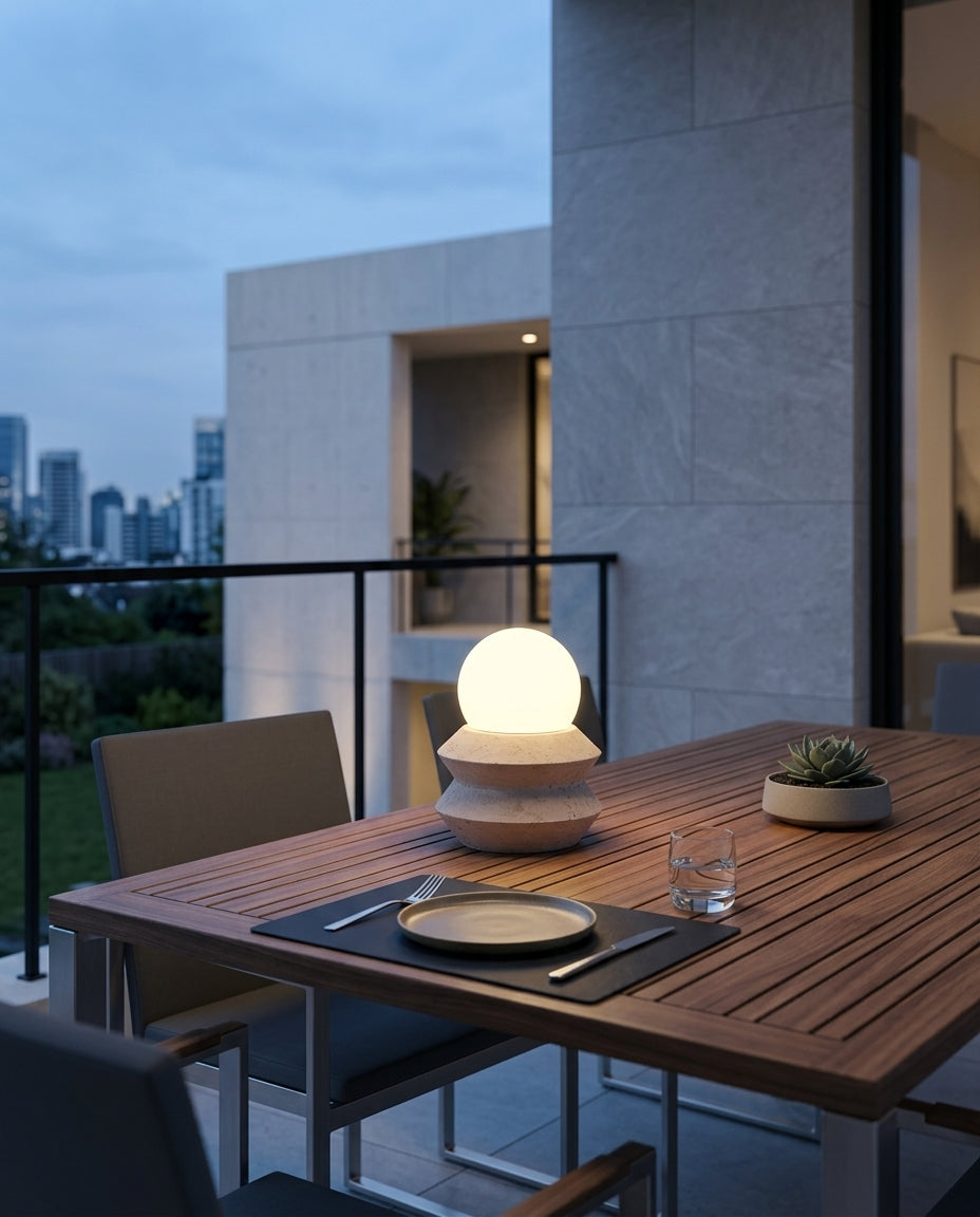 Travertine Cube Cordless Lamp on an outdoor dining table on a modern terrace at dusk, no cable anywhere in frame