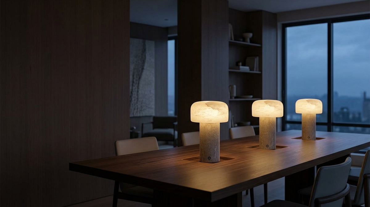 Cordless alabaster table lamps lit on a walnut dining table at dusk