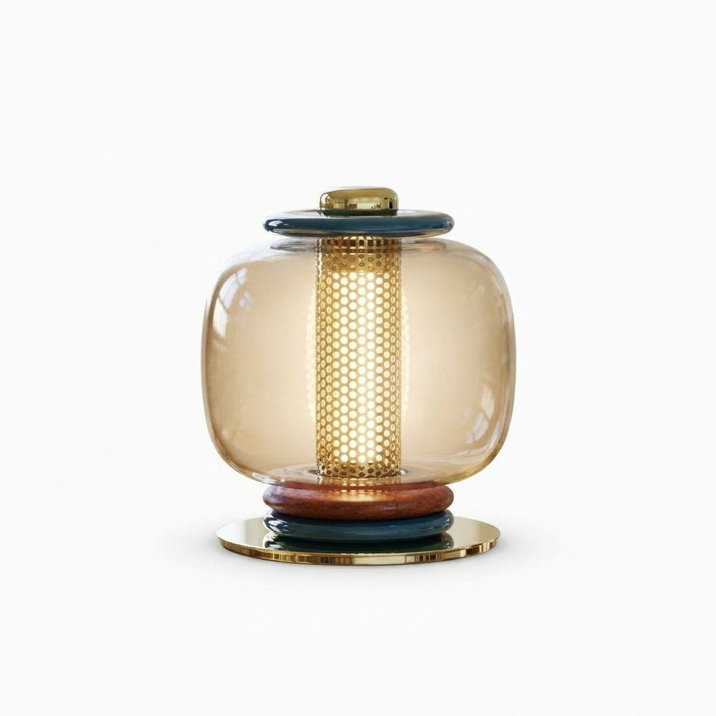 Polished Metal and Glass Table Lamp – Brass & Blue