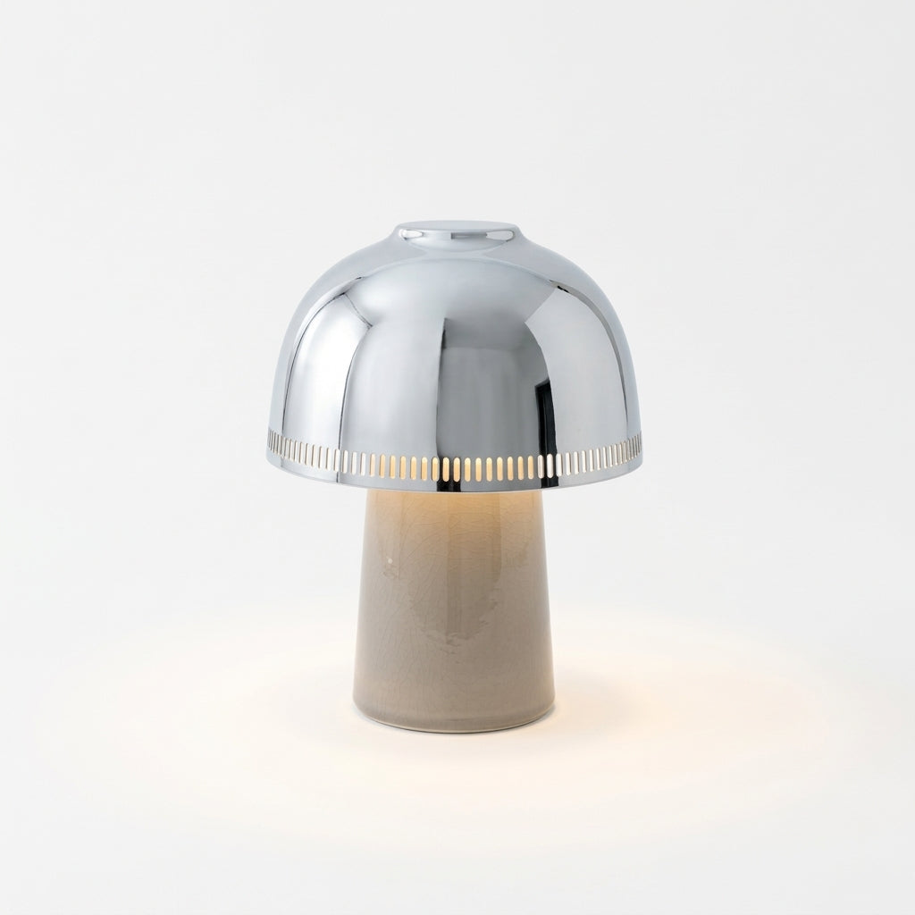 Ceramic Cordless Table Lamp – Beige Gray & Chrome