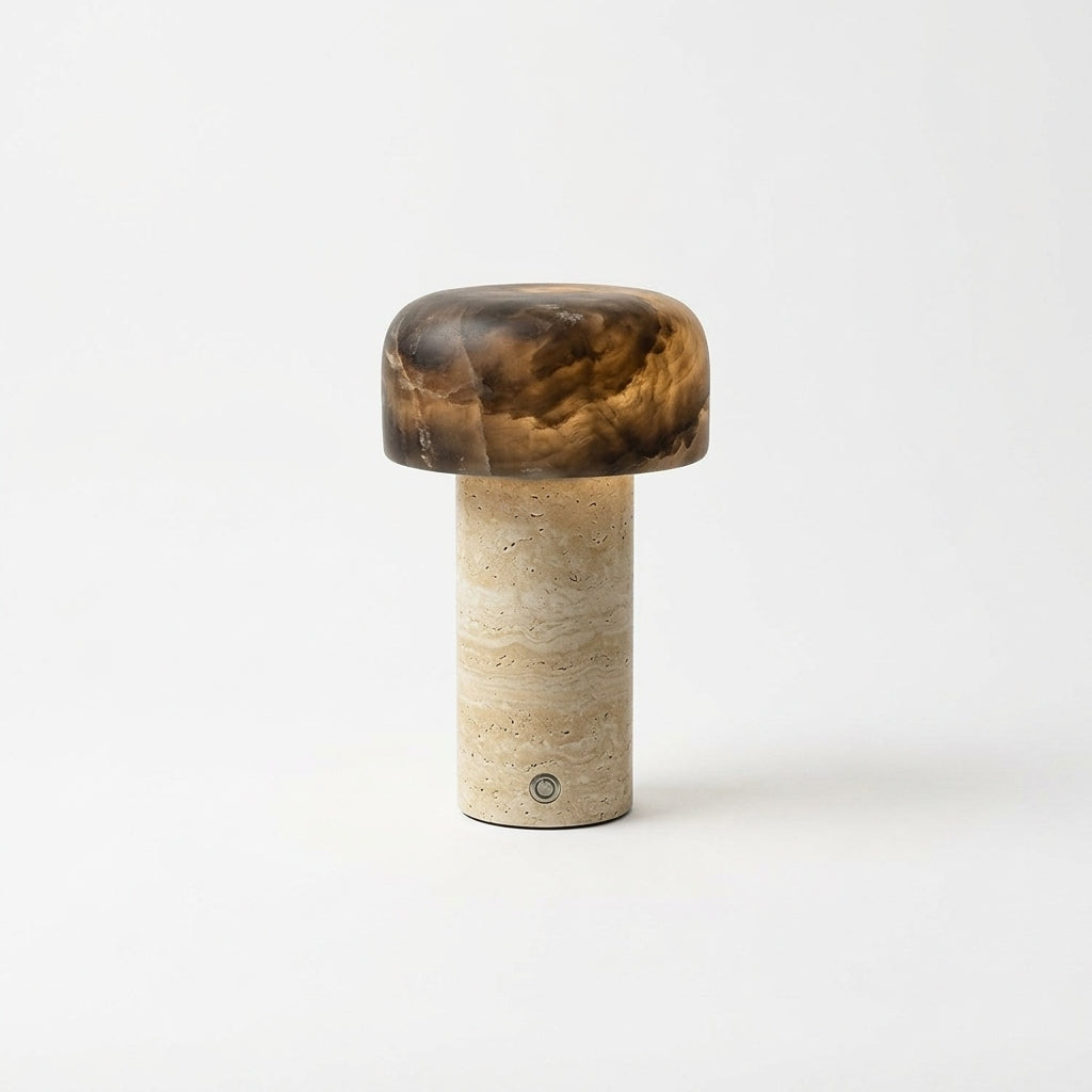 Travertine and Alabaster Cordless Lamp – Beige Travertine & Tobacco Alabaster
