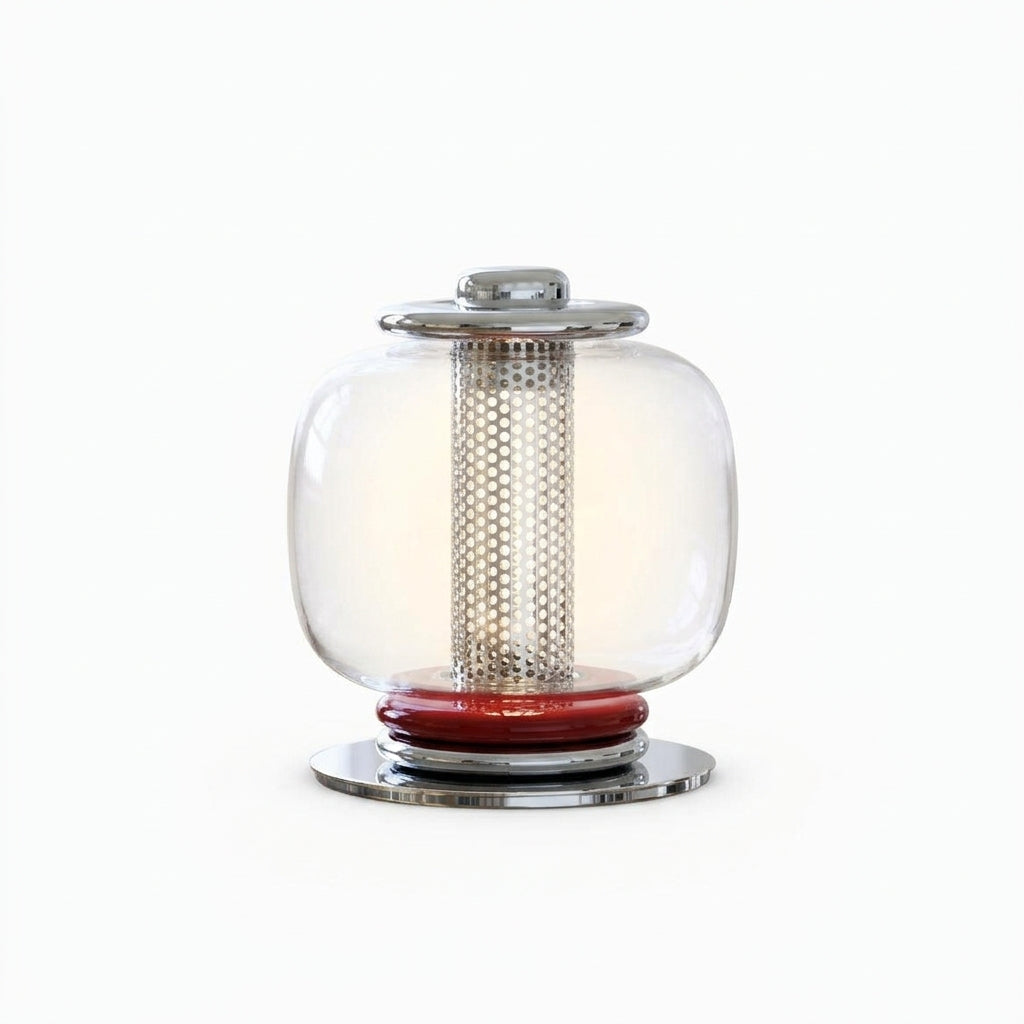 Polished Metal and Glass Table Lamp – Chrome & Red