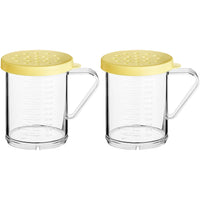 Polycarbonate Dredge Shaker with Yellow Lid, 10 oz. Clear Plastic Dredge cheese/Spice Shaker with Marks measurements and 4 mm Hole Diameter by Geex Depot US.